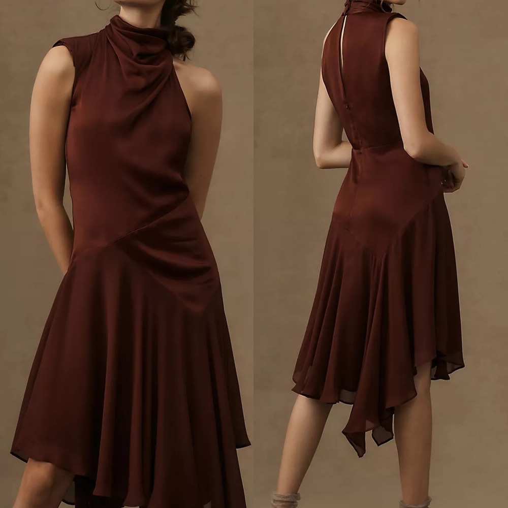Anthropologie 00 Asymmetrical Burgundy Midi Halter Silky Sleeveless Womens Dress